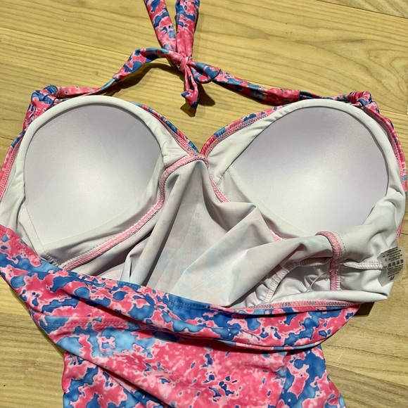 🌸HP!! 🌼 Summer Mae Maternity Halter Top Bathing Suit Tankini Top Pink Blue - Picture 3 of 6